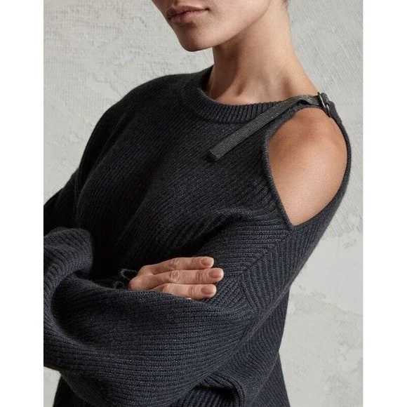 Brunello Cucinelli Cashmere Soft Sweater Monili Pullover Trim Gray XS